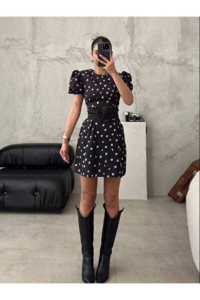 MOVELLA FASHİON Kemeri Gül Detaylı AİSHA Yeni Sezon Mini Elbise