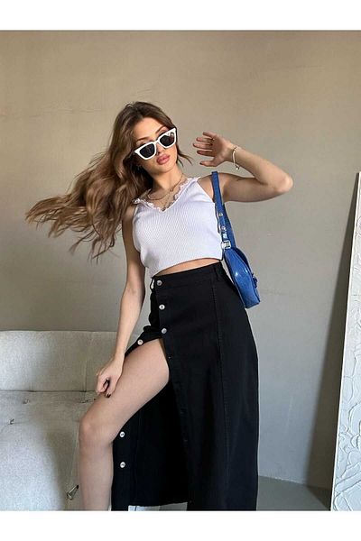 cms jeans Fustă de damă, cu nasturi în față, lungime maxi, neagră din denim din Lycra