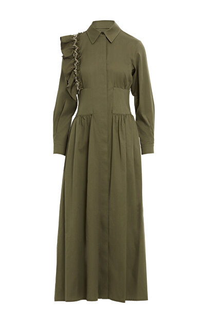 GİZİA Beli Korsaj Detaylı Pile Üstüne Boncuk İşlemeli Yeşil Uzun Elbise