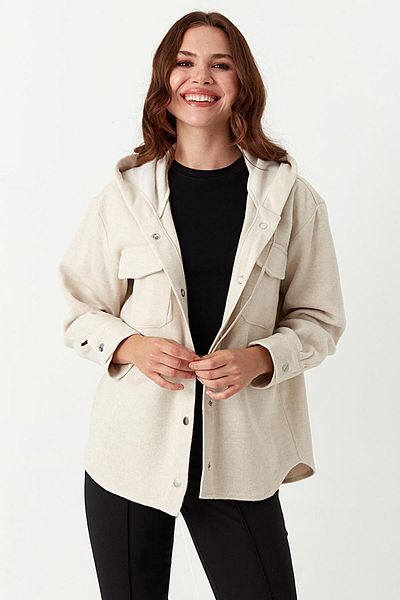 Select Moda Women's Cream Hooded Stamp Jacket