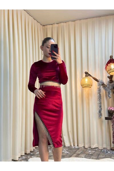brg ilki Kadın Yılbaşı Kadife Elbise Etek Crop Takım