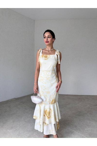 Rabia Çelik Rochie lungă pentru femei cu imprimeu floral galben - cu umăr legat și fustă cu volane