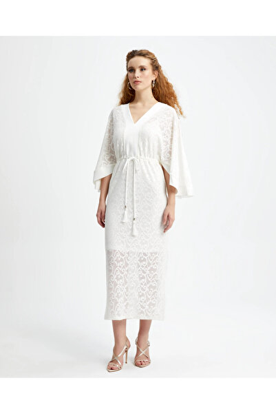 SERPİL V Yaka İspanyol Kol İç Astarlı Uzun Ekru Elbise 39253