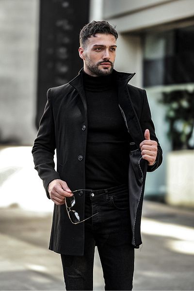 gm giyimarket Ανδρικό μακρύ παλτό - Slim Fit and Stand γιακά
