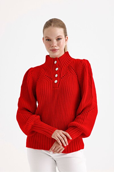 fujya Stone Button Stand Guler Tricoturi roșii