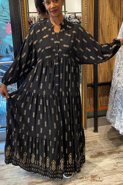 AYASOFYA OTANTIK Black Long Dress with Loose Sleeves - Women'S, Button Detail