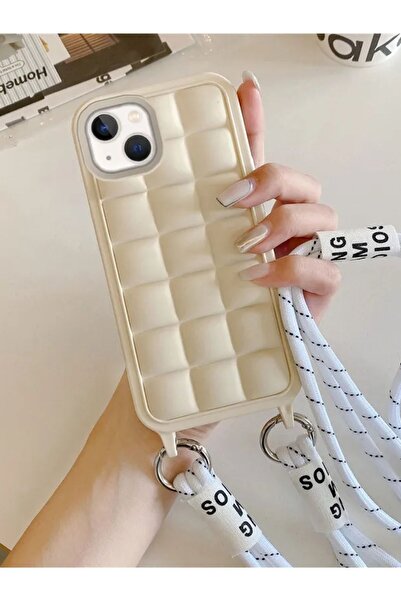 MAB Apple iPhone 14 Compatible Rope Series Silicone Case with Neck Strap - Cream