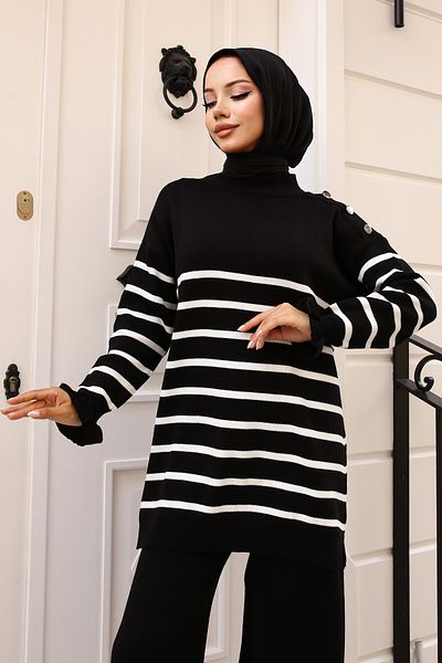 benguen 24019 Black Striped and Buttoned Knitwear Set