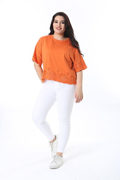 Şans Πορτοκαλί Κέντημα Λεπτομερής Μπλούζα Plus Size - 65n38242