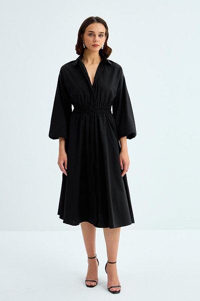 Tuba Butik Black Poplin Long Shirt Dress