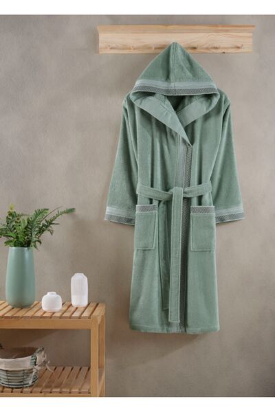 Manamo Home Samara Bordürü Jakarlı Kapüşonlu Bornoz Cameo Yeşil