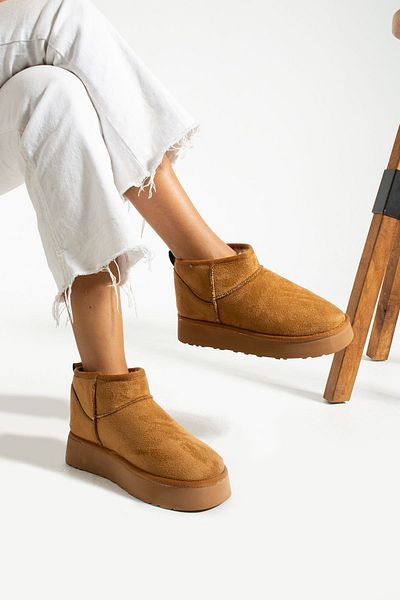 İnan Ayakkabı Tan Suede Mini Γυναικείες Μπότες - Γούνα Εσωτερικά, Χοντρή Σόλα (3,5 CM)