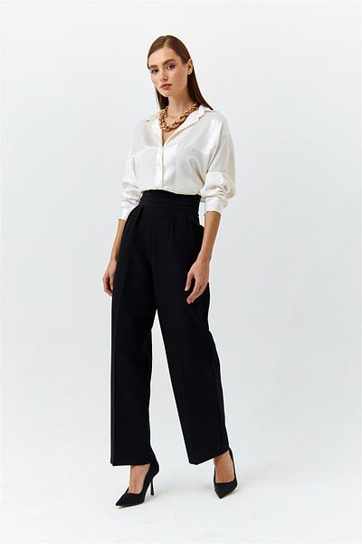 Tuba Butik Wide Leg Black Women's Fabric Trousers with Waist Detail