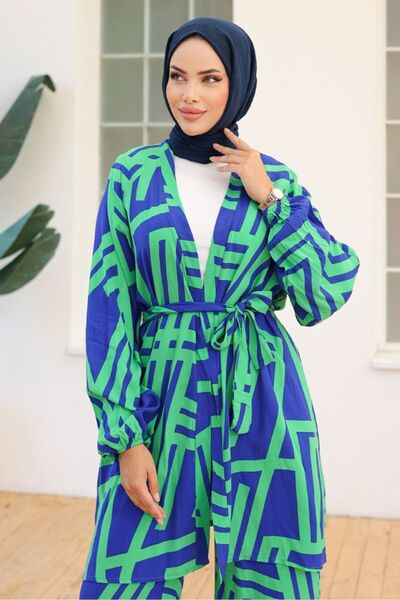 Bestenur Green Bengel Kimono and Pants Set - 1111