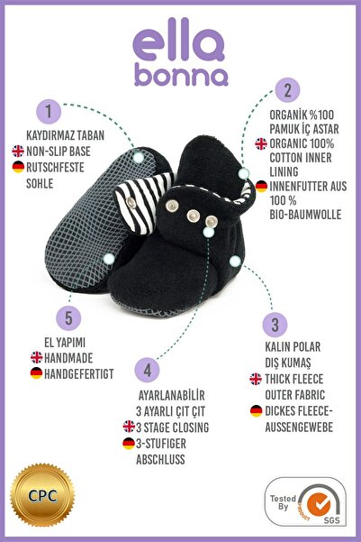 Ella Bonna Kaydırmaz Taban Bebek Pandufu İlk Adım Ev Patiği Terletmeyen Organik Pamuk Astarlı