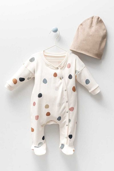 OBİMİNİ Natural Patterned Baby Jumpsuit with Booties - Hat Gift