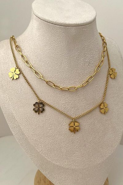 Modex Steel Gold Color Double Multi Clover Necklace