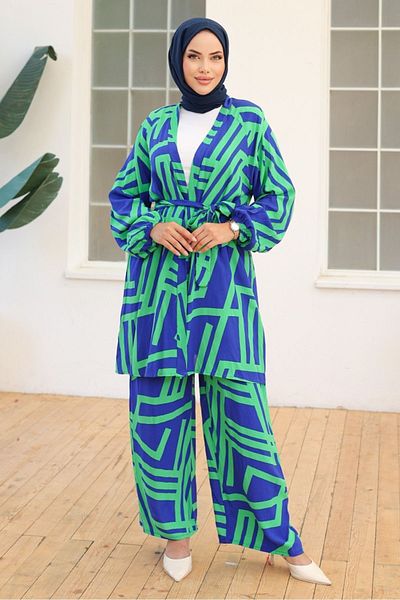 Bestenur Green Bengel Kimono and Pants Set - 1111