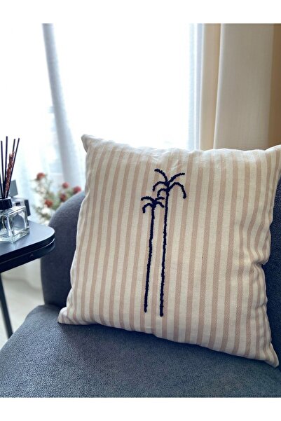 La Vivi Бежова ленна калъфка за възглавница с раирани палми - измита