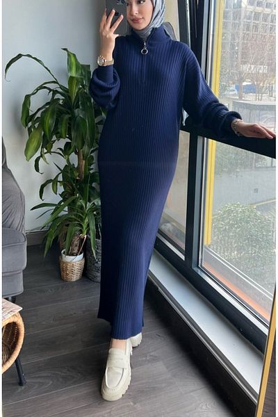 MAXXANA Rochie hijab oversize, cu fermoar, guler, tricot cu nervuri, pentru mărimile 38-44