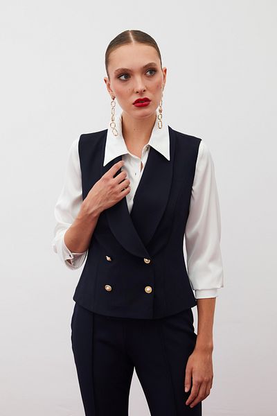 Sateen Dark Blue Vest - Button Detailed