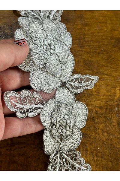 Gönülden Tasarım Aplic Gupür brodat cu model de flori gri - 22x12 cm Accesoriu pentru îmbrăcăminte de cusut