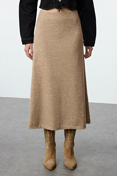 Trendyol Collection Magas derekú Midi Mink kötött szoknya - kiszélesedő forma, puha TWOAW24ET00249