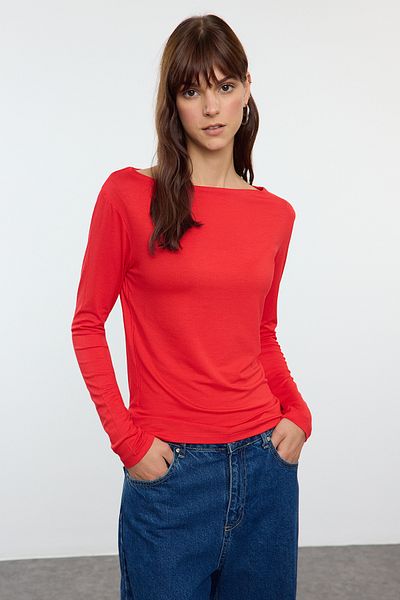 Trendyol Collection Flexible Viscous Red Long Sleeve Boat Neck Blouse - TWOAW21BZ0106