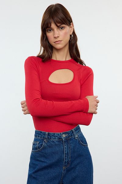 Trendyol Collection Stretchy Corded Red Knitted Blouse - Cut Out Detail, Body Fitting TWOAW25BZ00079