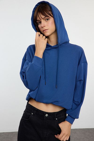 Trendyol Collection Hanorac cu glugă din lână Indigo, cu croiala relaxată - TWOAW25SW00085