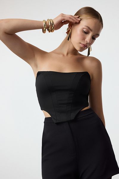 Trendyol Collection Pletené černé Crop Bustier - Detailní korzet, Tprss24Bs00049