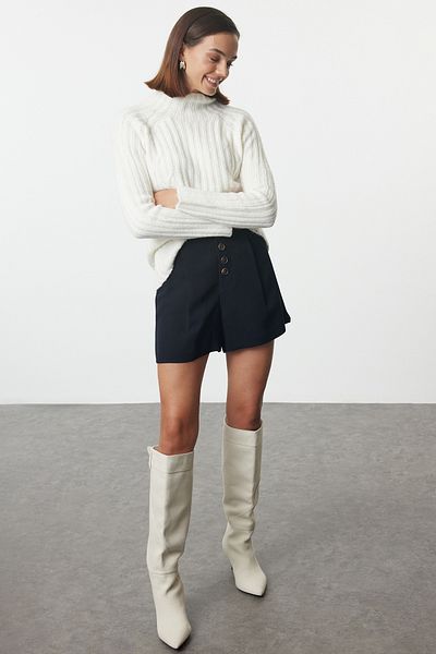 Trendyol Collection Soft Textured Ecru Knitwear Sweater - Stand Collar, Knitted Detail Twoaw25Kz00049