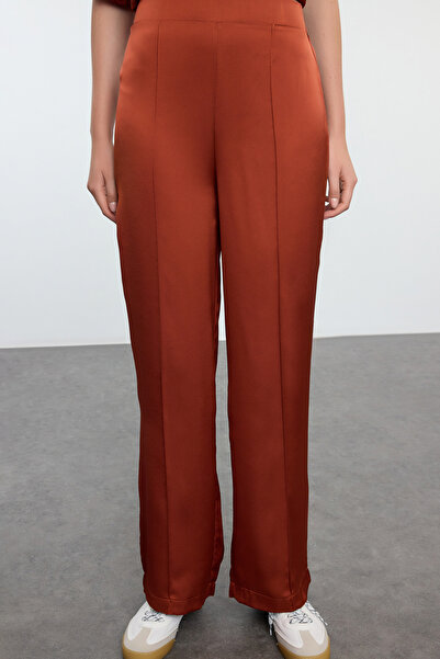 Trendyol Collection Brown Satin Asymmetry Woven Blouse-Pants Set Twoaw25Au00099