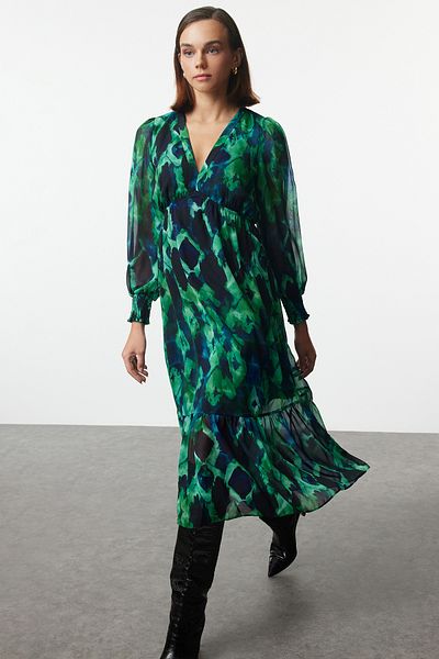 Trendyol Collection Φόρεμα μίντι σιφόν με πράσινη γραμμή - Αφηρημένο σχέδιο, Άνοιγμα μέσης TWOAW24EL00710