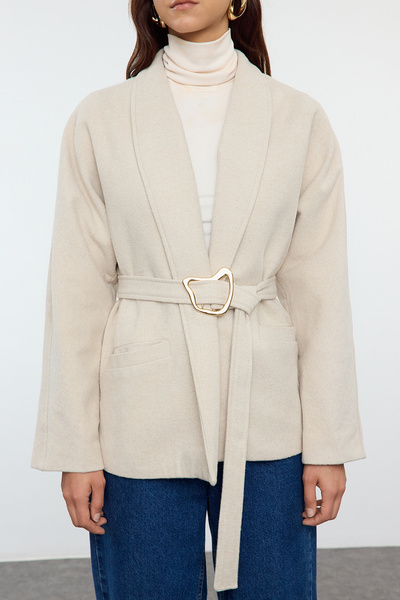 Trendyol Collection Beige Short Jacket Coat with Belt and Buckle Detail, Wool Twoaw25Kb00045