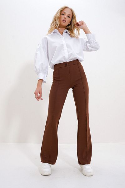 Trend Alaçatı Stili Women's Brown High Waist Front Looped Wide Leg Lycra Trousers ALC-X9979