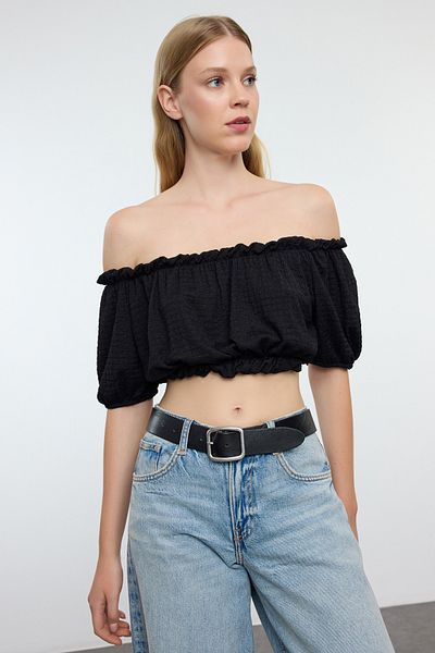 Trendyol Collection Μαύρο γιακά Carmen κανονική/κανονική εφαρμογή Twist Crop πλεκτή μπλούζα TWOSS22BZ1421