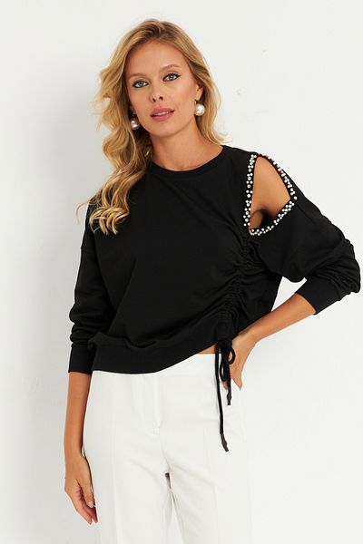 Cool & Sexy Hanorac de damă cu adunare cu perle negre - RLO04