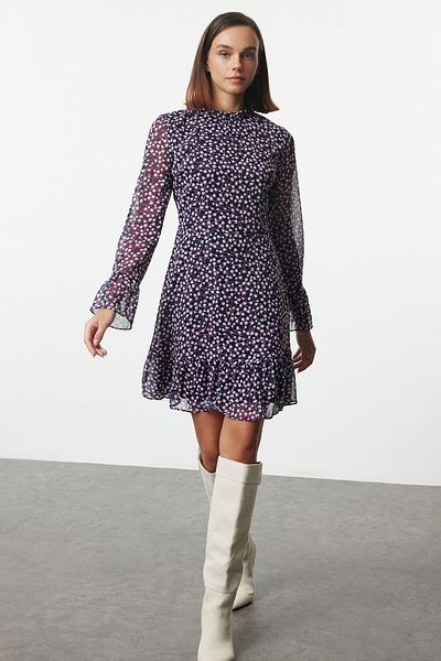 Trendyol Collection Μίνι φόρεμα σε γραμμή Α ruFFle - Μωβ Floral Pattern TCLAW19LJ0076