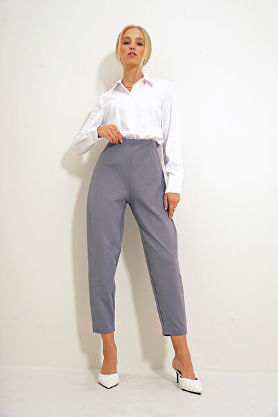 Trend Alaçatı Stili Kadın Gri Yüksek Bel Pensli Dökümlü Krep Örme Pantolon ALC-X12561