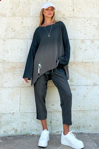 Trend Alaçatı Stili KHaki női izzadság és nadrág szett - környakú, hímzett, ALC-X12492