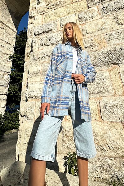Trend Alaçatı Stili Modro-béžová kostkovaná vzorovaná oversize razítko bavlna dámská safari košile ALC-X10704