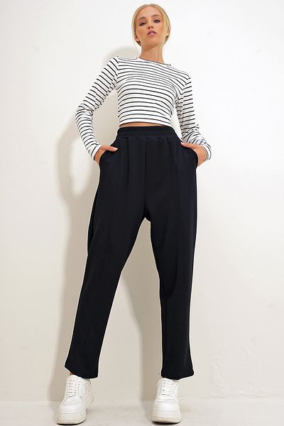 Trend Alaçatı Stili Schwarze Damenhose mit elastischem Bund, Gras und Doppeltaschen - ALC-X12560