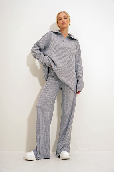 Trend Alaçatı Stili Graues Set aus Strickpullover und Palazzo-Hose – Reißverschlussdetails ALC-X12515