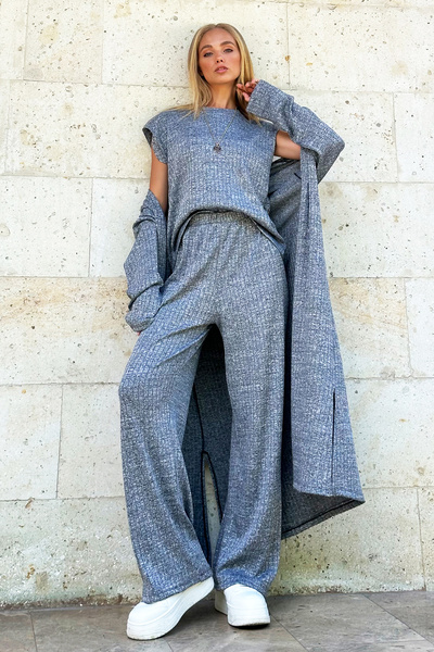 Trend Alaçatı Stili Grimelange Women's Set - SHoulder Padded Crew Neck Blouse, Trousers and Cardigan ALC-X4710