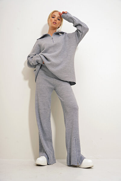 Trend Alaçatı Stili Szürke kötött pulóver és Palazzo nadrág szett - cipzár részletes ALC-X12515