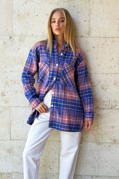 Trend Alaçatı Stili Aviator Blue Kostkovaný vzor Oversize Stamp Bavlněná dámská bunda Safari - ALC-X10704