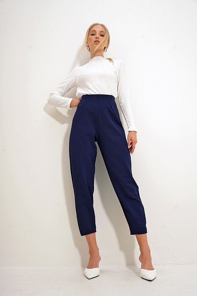 Trend Alaçatı Stili Marineblaue Crêpe-Hose mit hoher Taille – mit Kragen und fließendem Schnitt, ALC-X12561