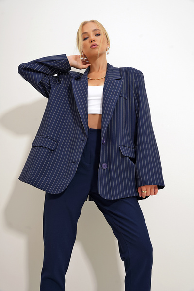 Trend Alaçatı Stili Női sötétkék csíkos blézer - bélelt, ALC-X12583