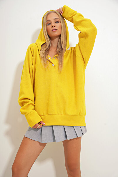 Trend Alaçatı Stili Hanorac supradimensionat cu glugă muștar - Închidere cu apăsare, ALC-X11146